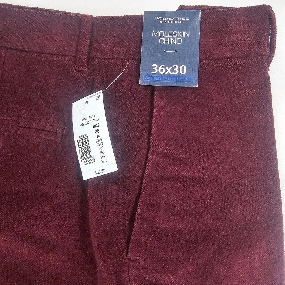 Roundtree & Yorke 36x30 Moleskin Chino Merlot Burgundy Straight Pants NWT 1602